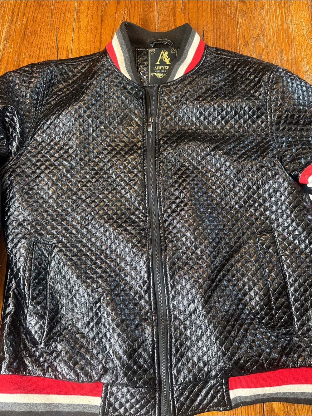 Black Quilted Bomber Jacket with Red Trim